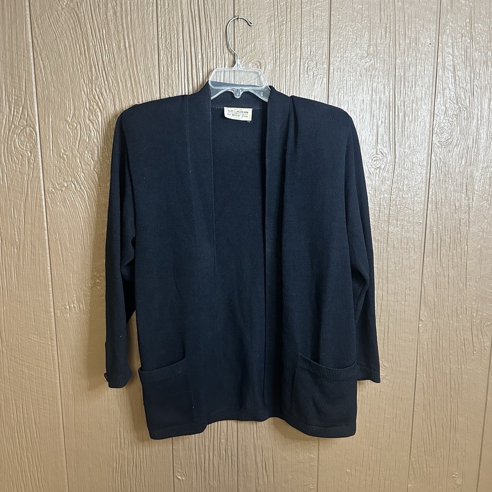Vintage St. John By Marie Gray Cardigan Sz L Petite Black Sweater Santana Knit